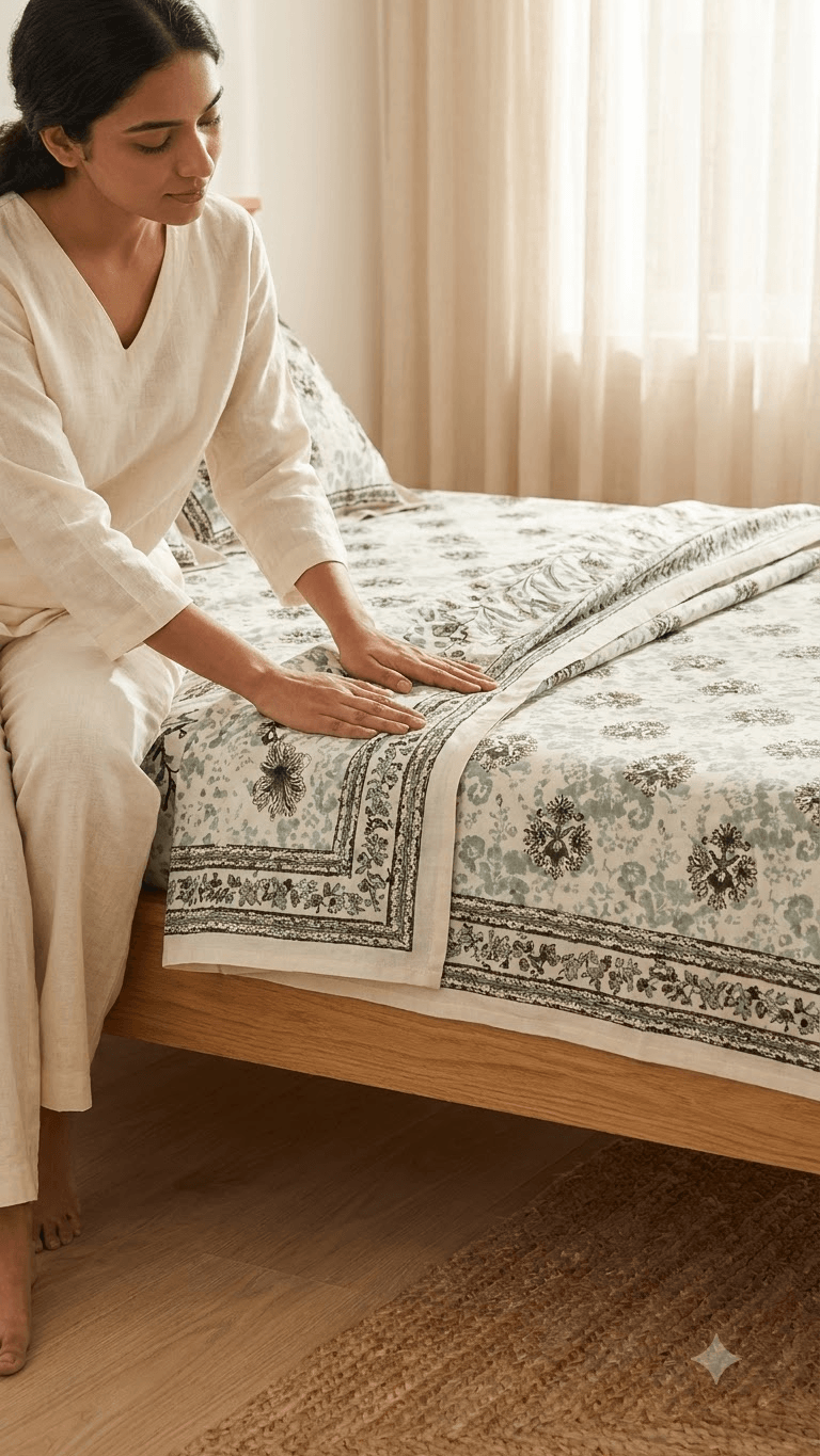 Mint Green and Dark Floral Block-Print Style Cotton Double Bedsheet with Pillow Covers
