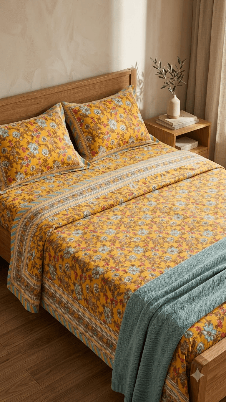 Yellow Floral Block-Print Style Cotton Double Bedsheet with Pillow Covers