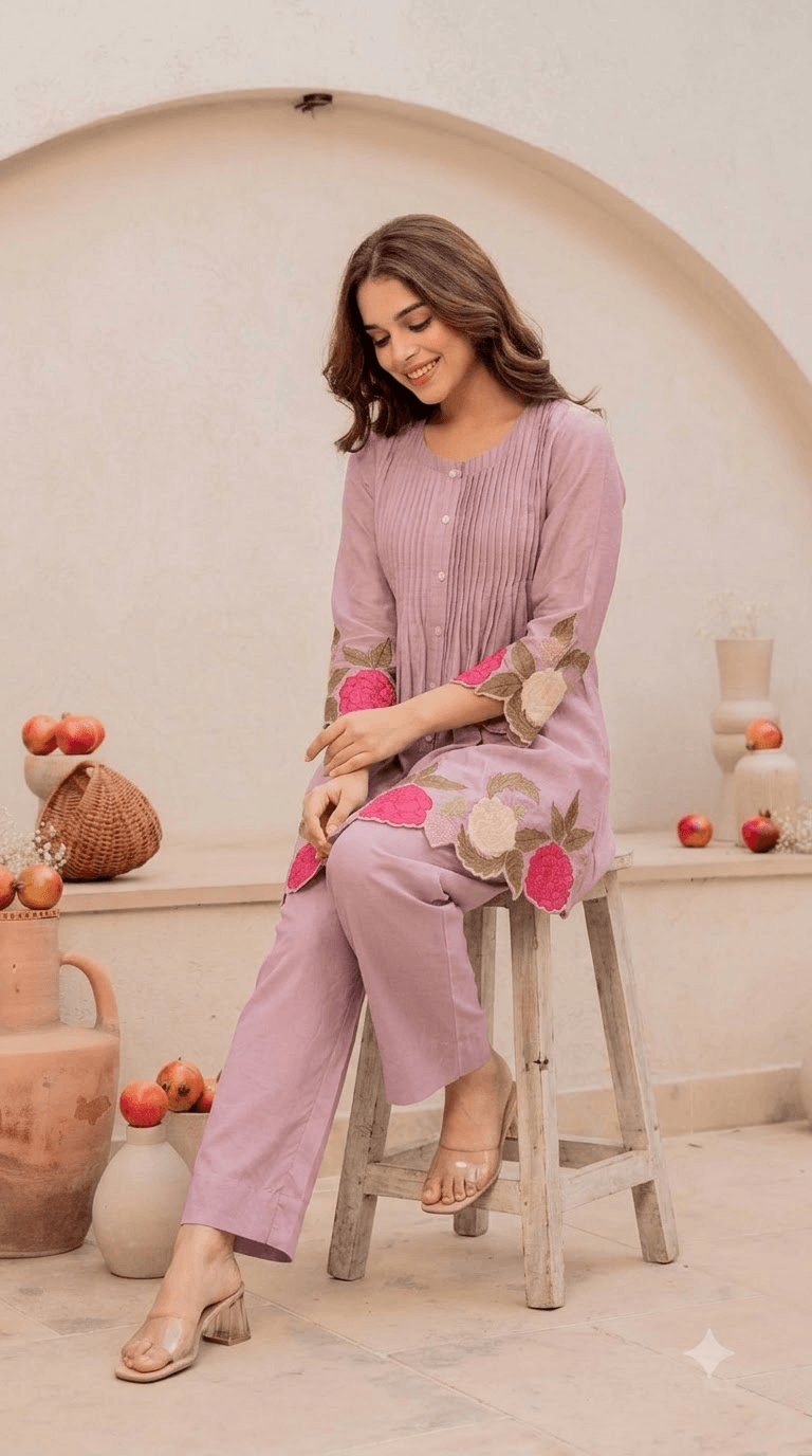 Lavender Embroidered Cotton Kurta with Matching Trouser Set