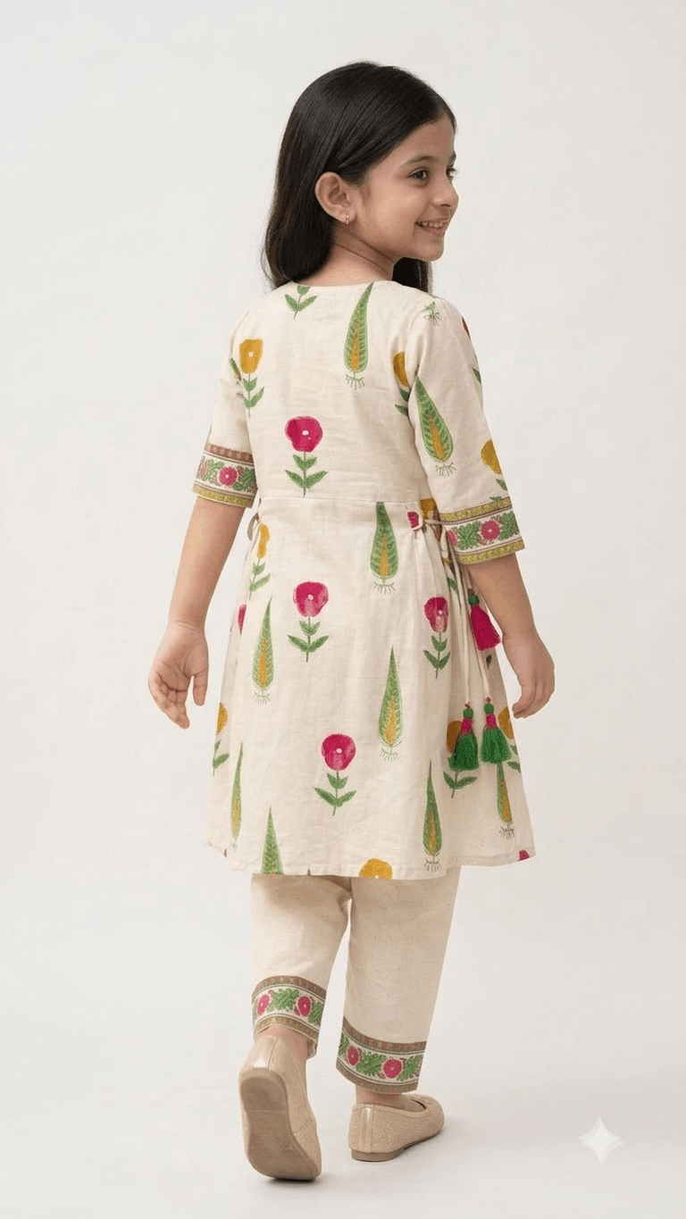 Girls Off-White & Pink Hand Block Printed Cotton Angrakha Kurta with Pant Set