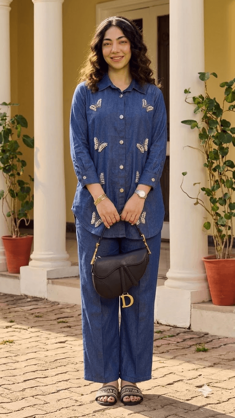 Blue Butterfly-Embroidered Denim Tunic Shirt with Wide-Leg Trouser Set   - satrangihouse