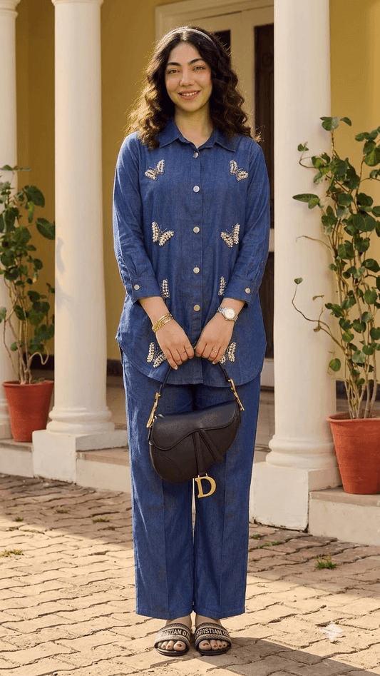 Blue Butterfly-Embroidered Denim Tunic Shirt with Wide-Leg Trouser Set   - satrangihouse