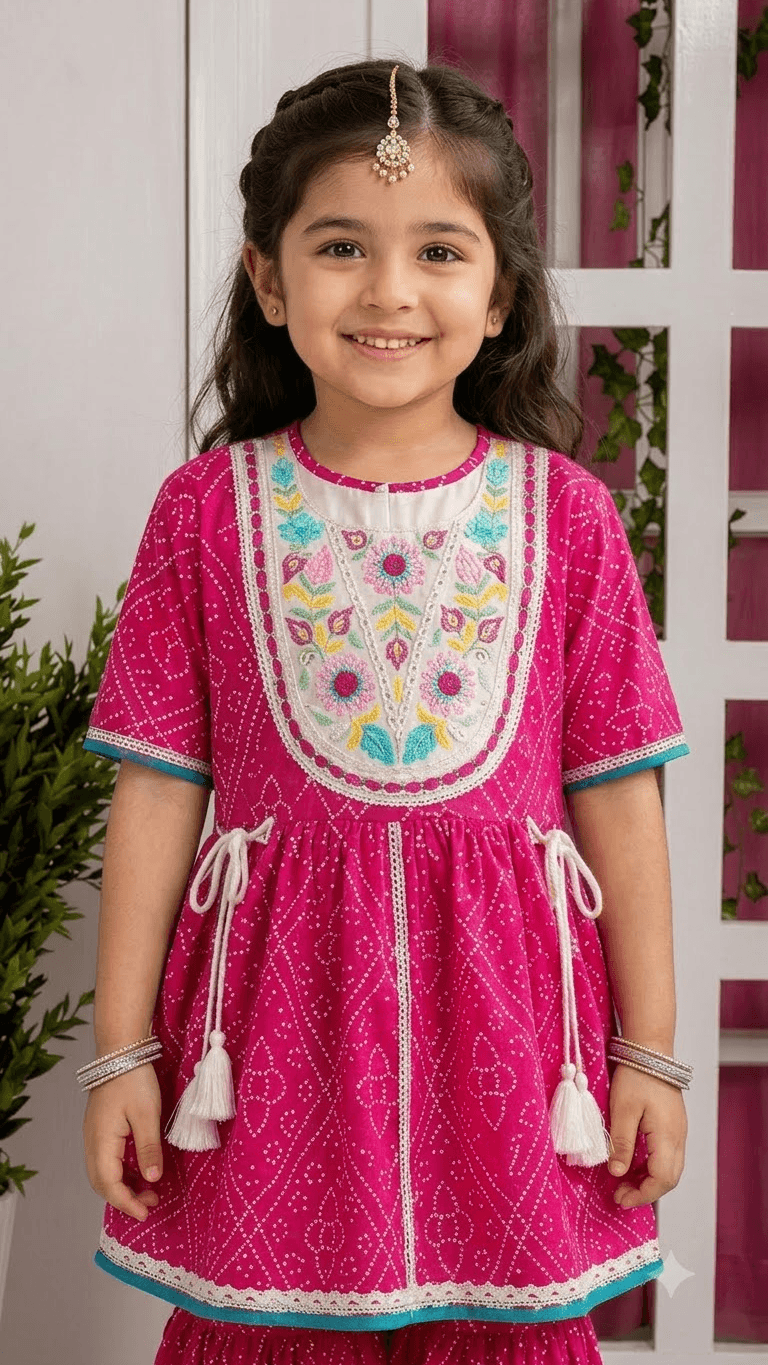 Girls Fuchsia Pink Bandhani Printed Cotton Sharara Suit Set with Embroidered Yoke