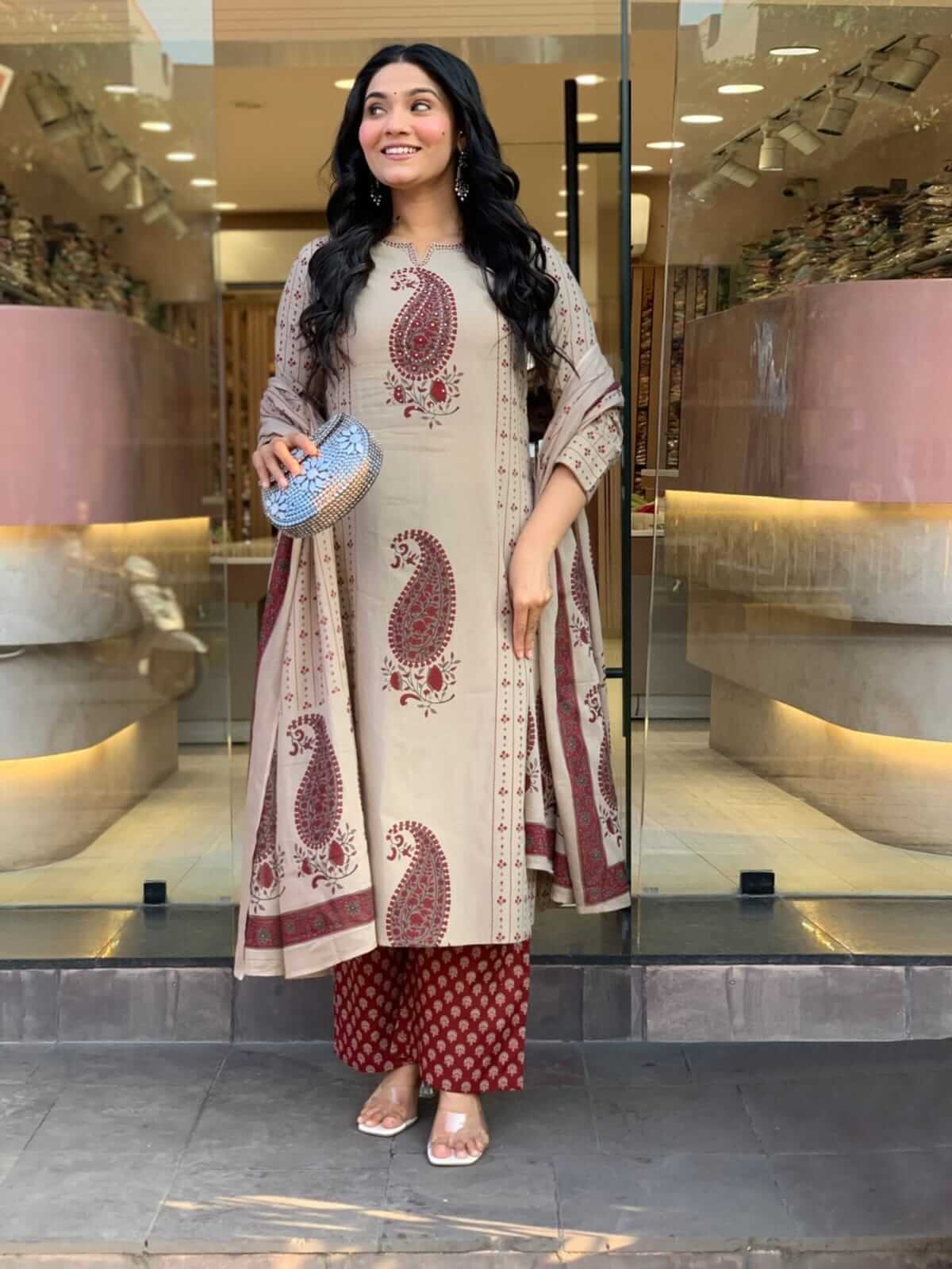 Beige & Maroon Paisley Block Printed Cotton Kurta Set with Palazzo & Dupatta