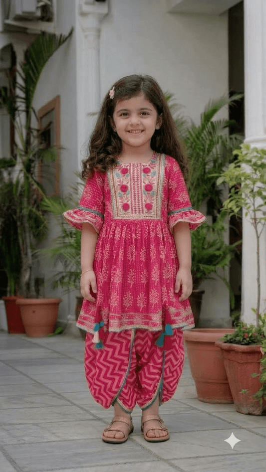 Girls Fuchsia Pink Printed Cotton Kurta with Chevron Tulip Dhoti Pant Set