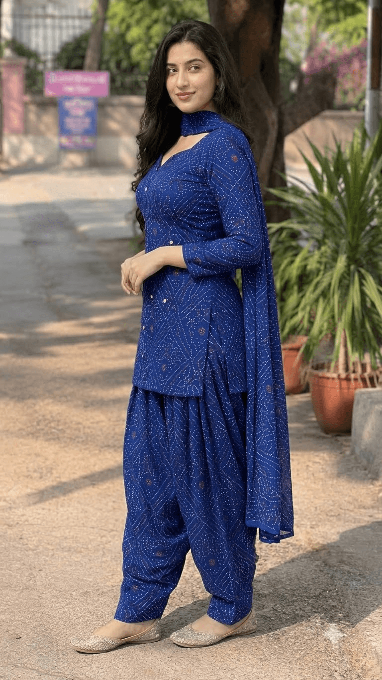 Women Royal Blue Bandhani Printed Cotton Patiyala Salwar Suit Set with Dupatta