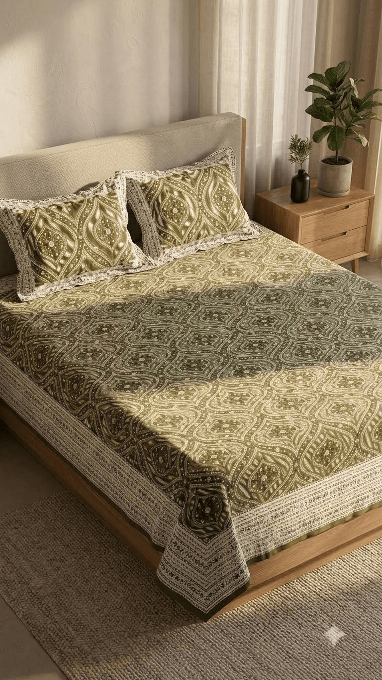 Olive Green and Gold Block-Print Style Cotton Double Bedsheet with Pillow Covers