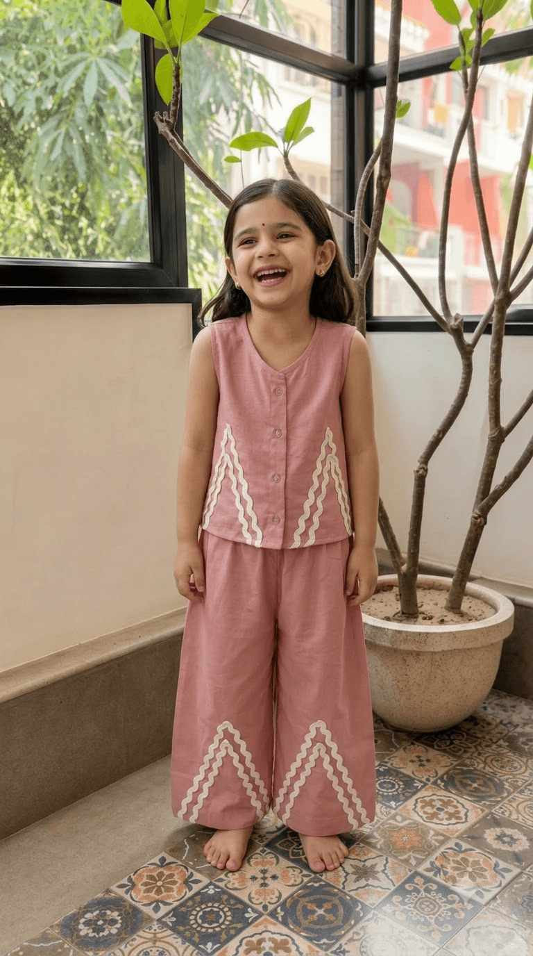 Girls Dusty Rose Pink Cotton Vest Top & Wide-Leg Pants Co-Ord Set with Lace Work