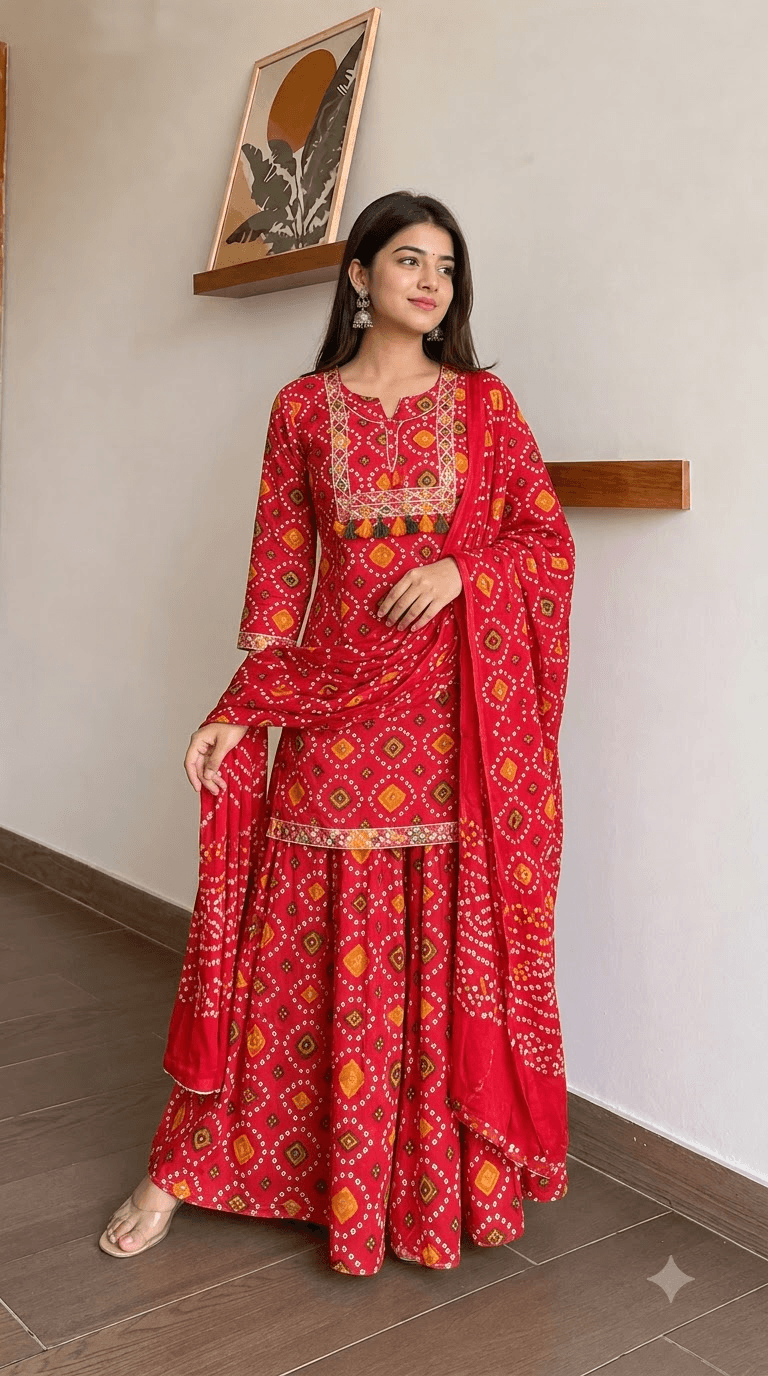 Red Bandhani-Print Cotton Kurta with Sharara and Dupatta Set
