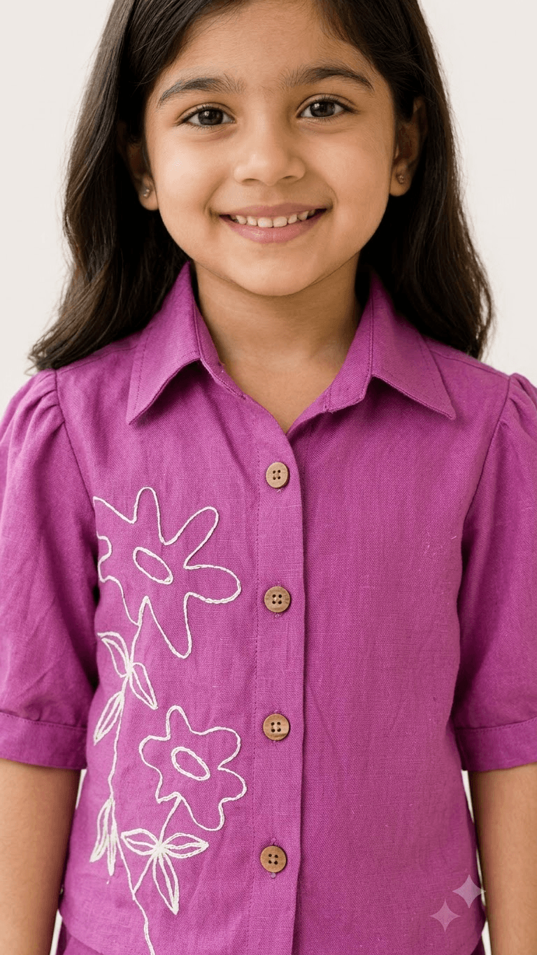 Girls Orchid Purple Linen Cotton Floral Embroidered Shirt with Wide-Leg Pants Co-Ord Set