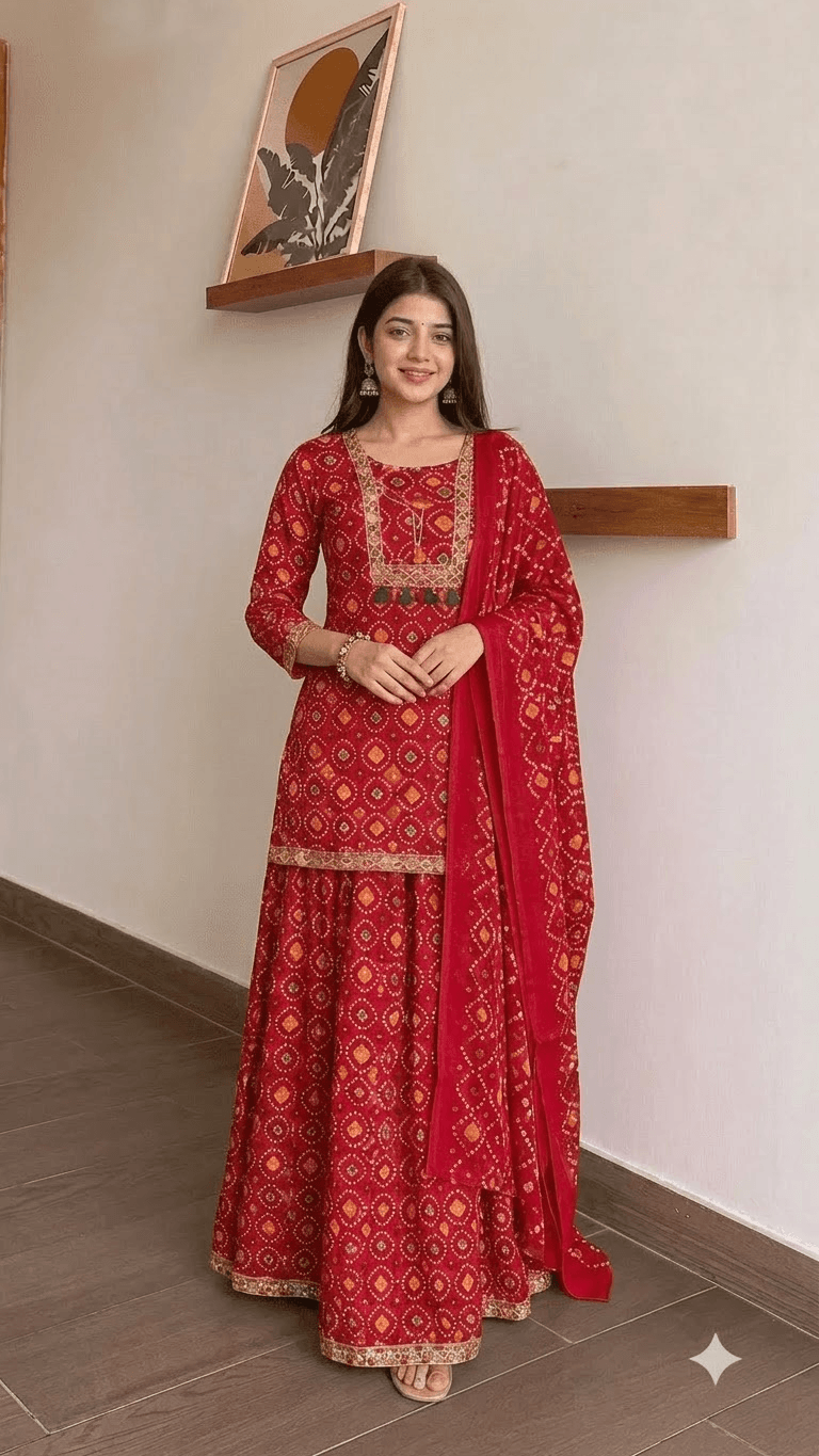 Red Bandhani-Print Cotton Kurta with Sharara and Dupatta Set