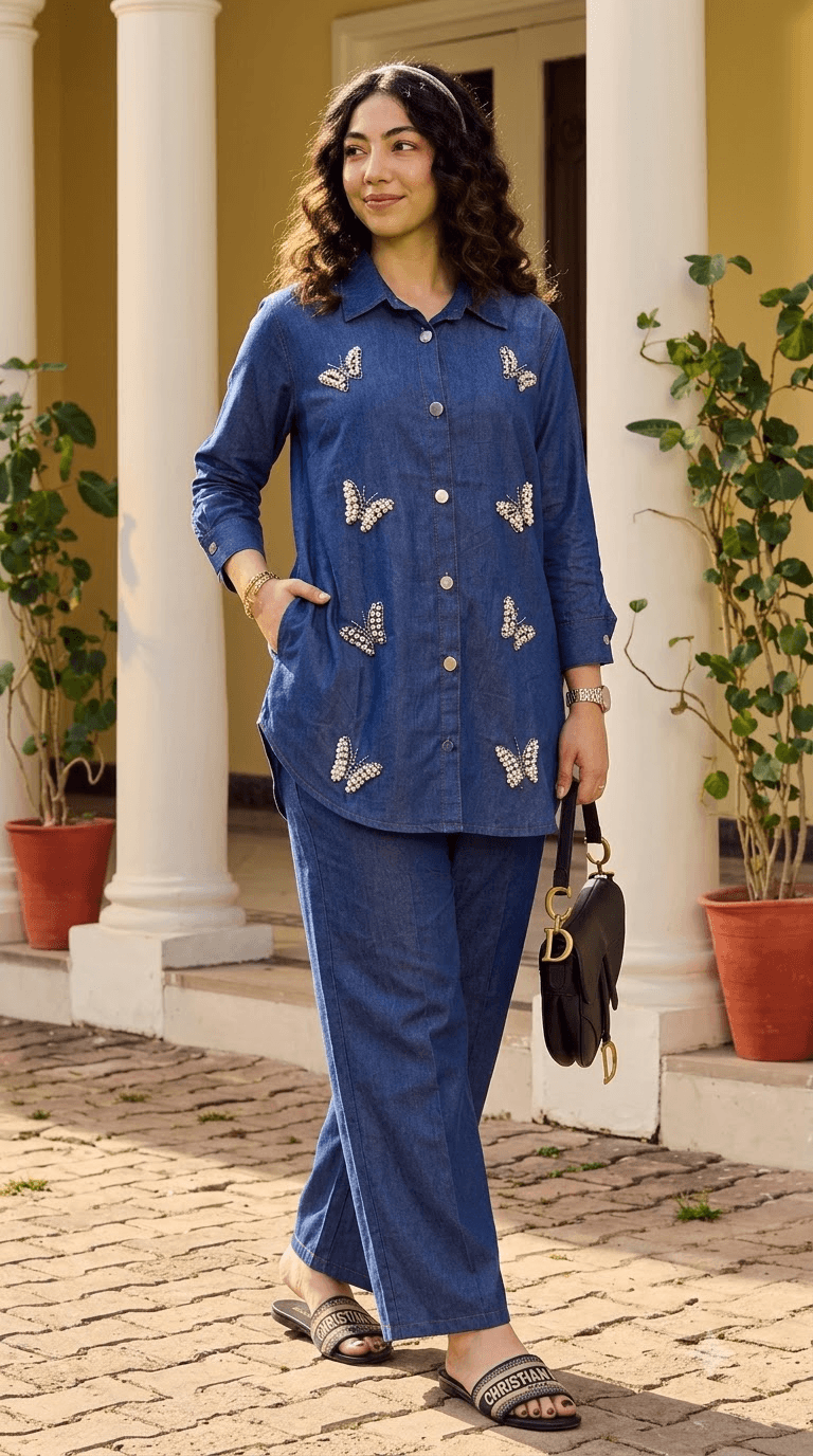 Blue Butterfly-Embroidered Denim Tunic Shirt with Wide-Leg Trouser Set   - satrangihouse