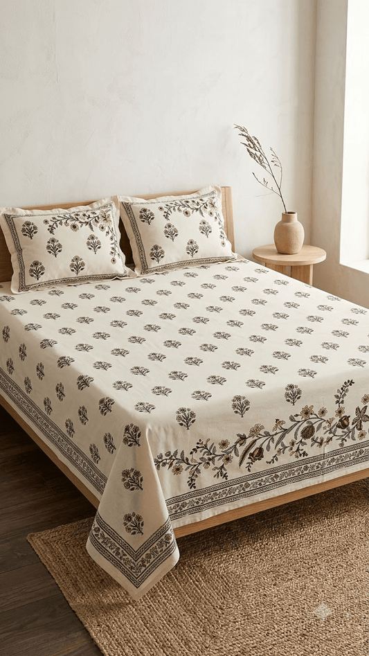 Charcoal and Off-White Floral Block-Print Style Cotton Double Bedsheet with Pillow Covers