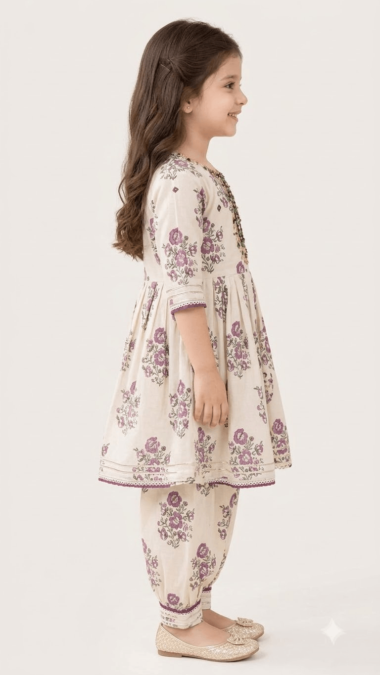 Girls Off-White & Purple Floral Printed Cotton Kurta with Dhoti Pant Set