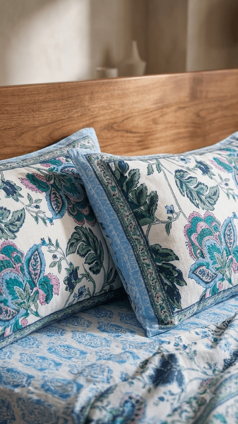Blue and Off-White Floral Block-Print Style Cotton Double Bedsheet with Pillow Covers