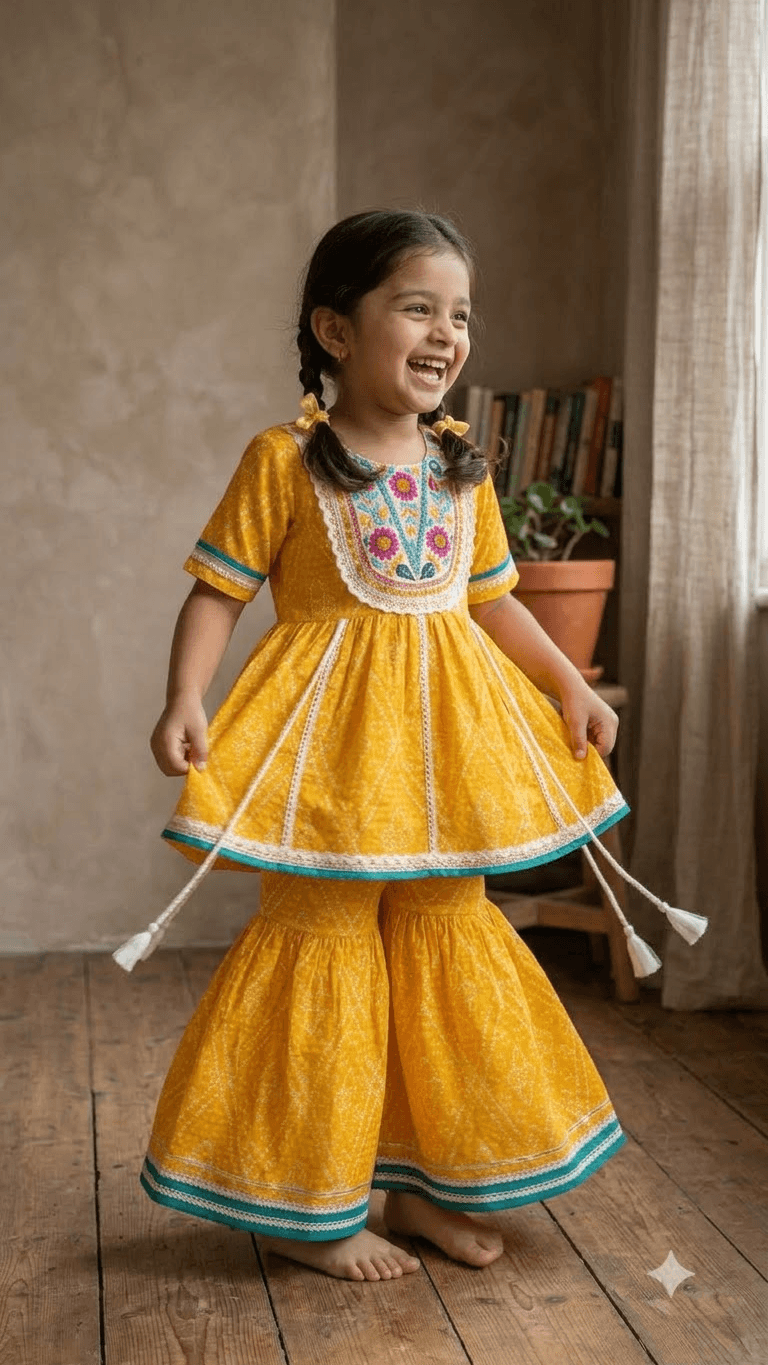 Girls Mustard Yellow Bandhani Printed Cotton Sharara Suit Set with Embroidered Yoke