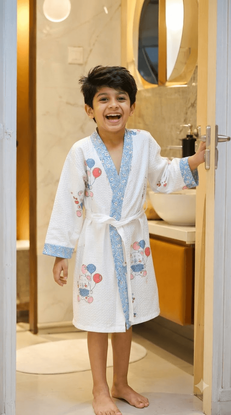 Kids Off-White & Powder Blue Elephant Balloon Printed 100% Cotton Waffle Bathrobe