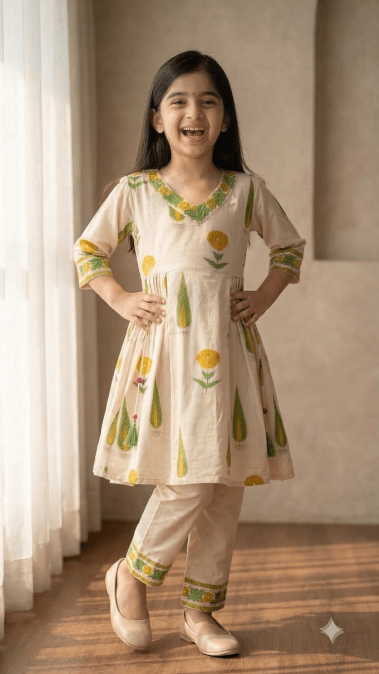 Girls Off-White & Yellow Hand Block Printed Cotton Angrakha Kurta with Pant Set