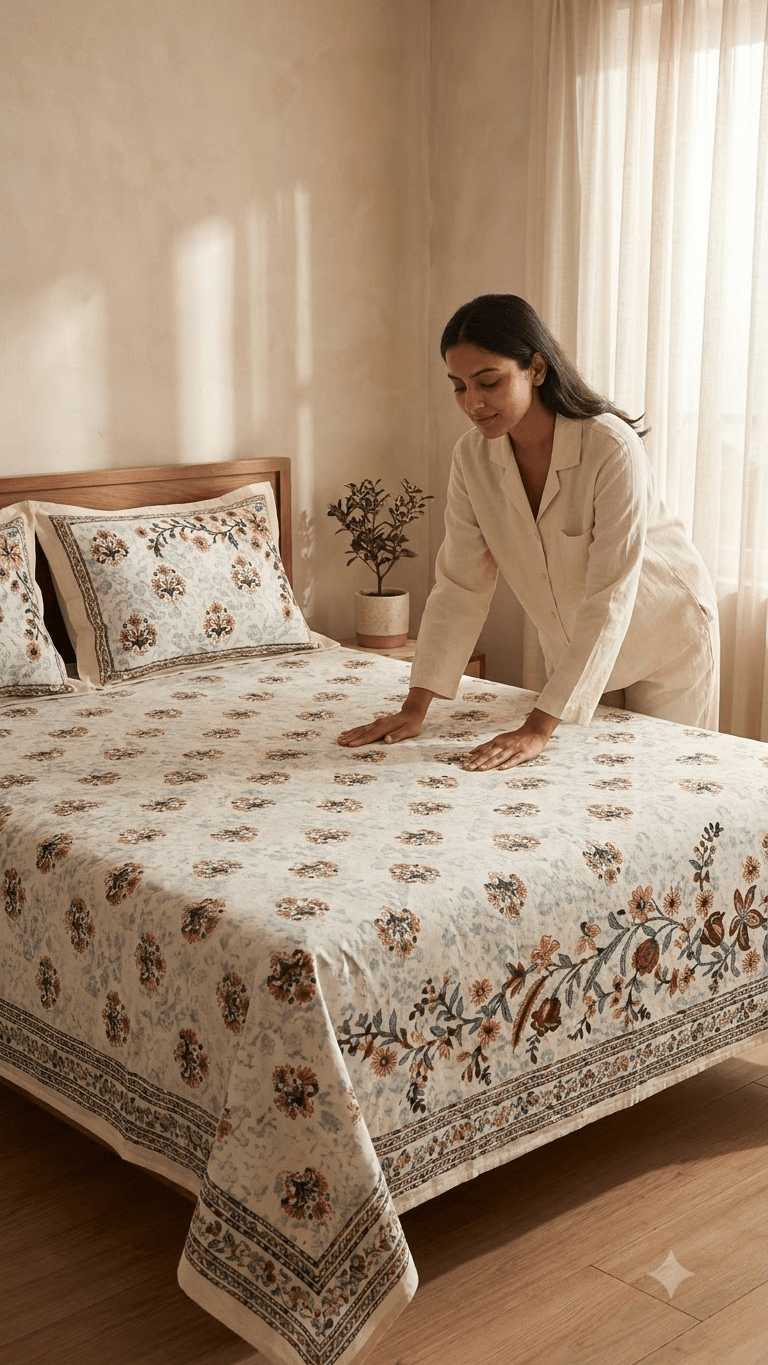 Charcoal and Off-White Floral Block-Print Style Cotton Double Bedsheet with Pillow Covers