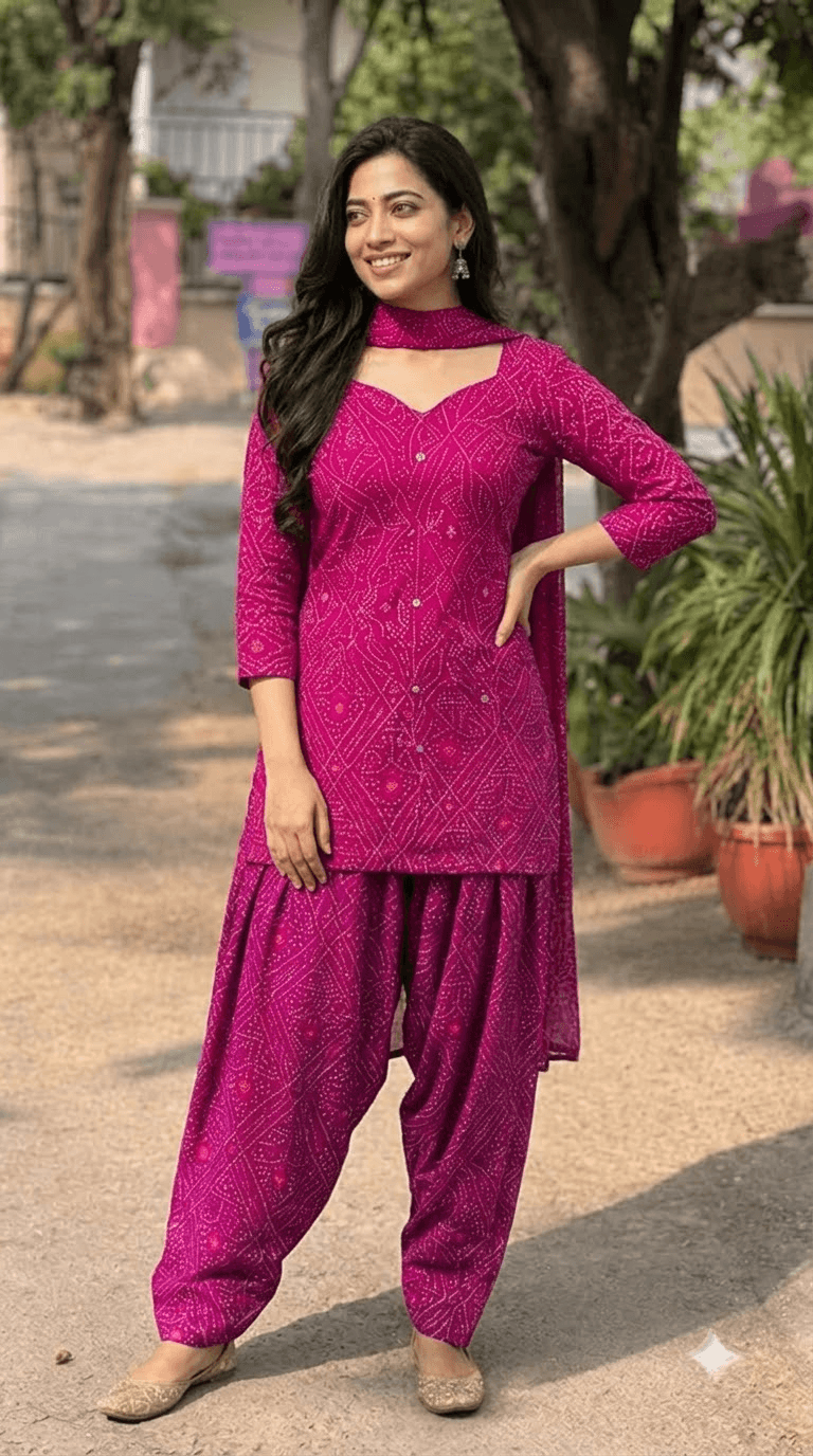 Women Magenta Bandhani Printed Cotton Patiyala Salwar Suit Set with Dupatta