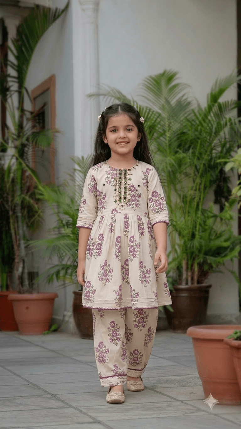Girls Off-White & Purple Floral Printed Cotton Kurta with Straight Pant Set