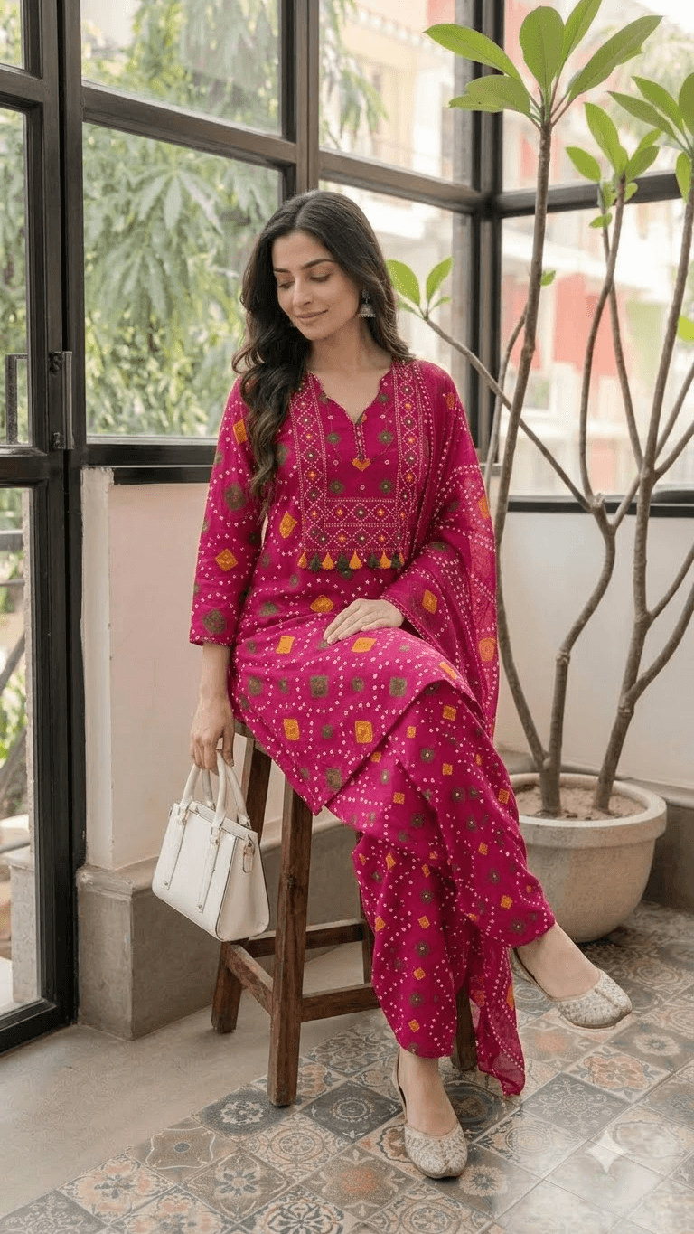 Women Magenta Bandhani Printed Cotton Patiala Suit Set with Dupatta