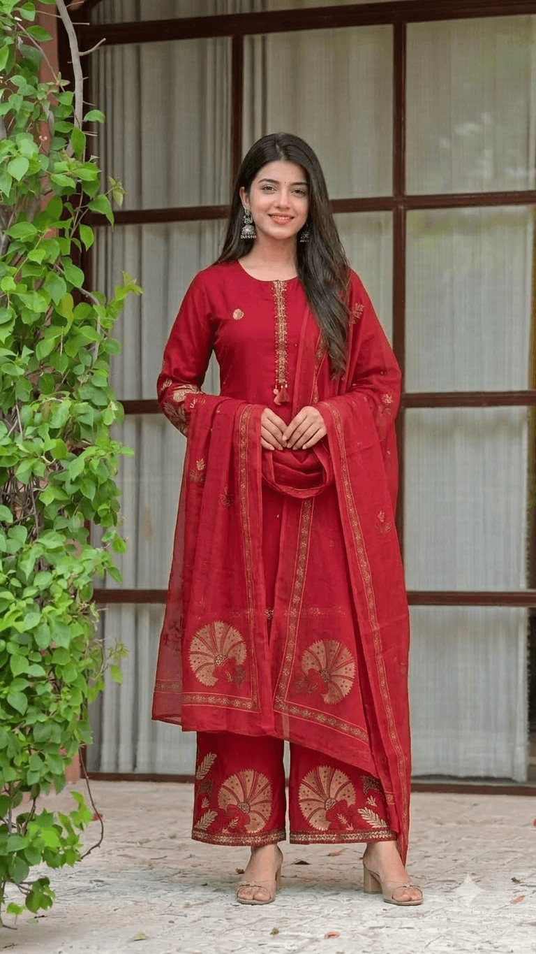 Red Embroidered Cotton Kurta with Palazzo and Dupatta Set
