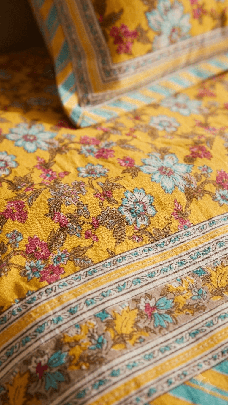 Yellow Floral Block-Print Style Cotton Double Bedsheet with Pillow Covers