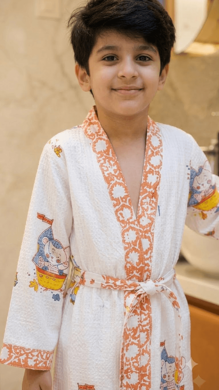 Kids Off-White & Terracotta Sailor Elephant Printed 100% Cotton Waffle Bathrobe