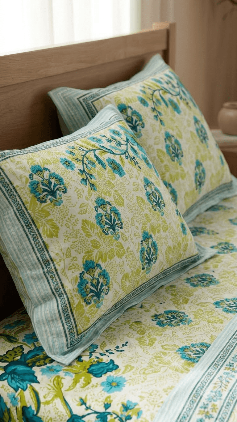 Light Green and Blue Floral Block-Print Style Cotton Double Bedsheet with Pillow Covers