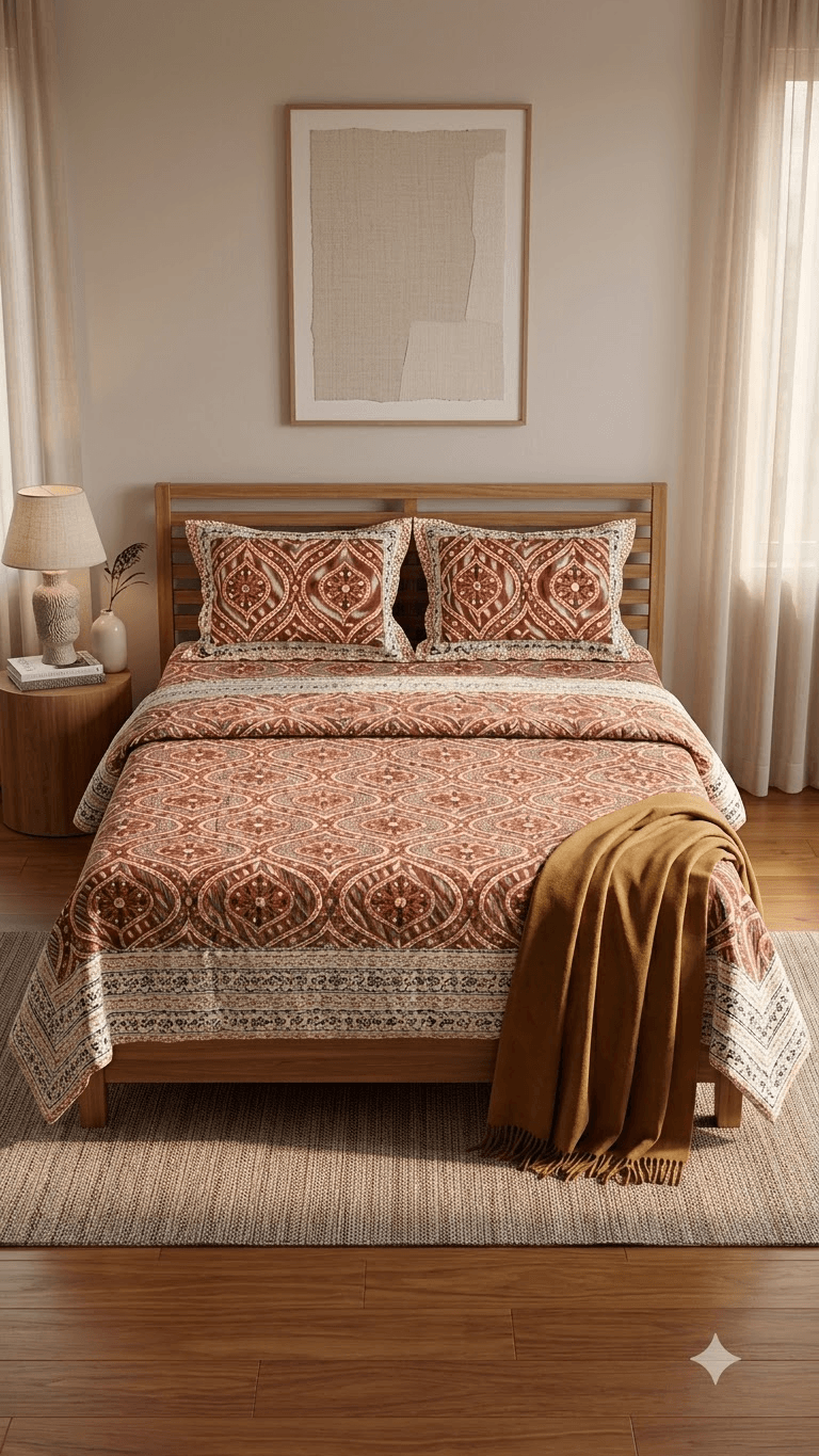 Rust Orange and Terracotta Block-Print Style Cotton Double Bedsheet with Pillow Covers