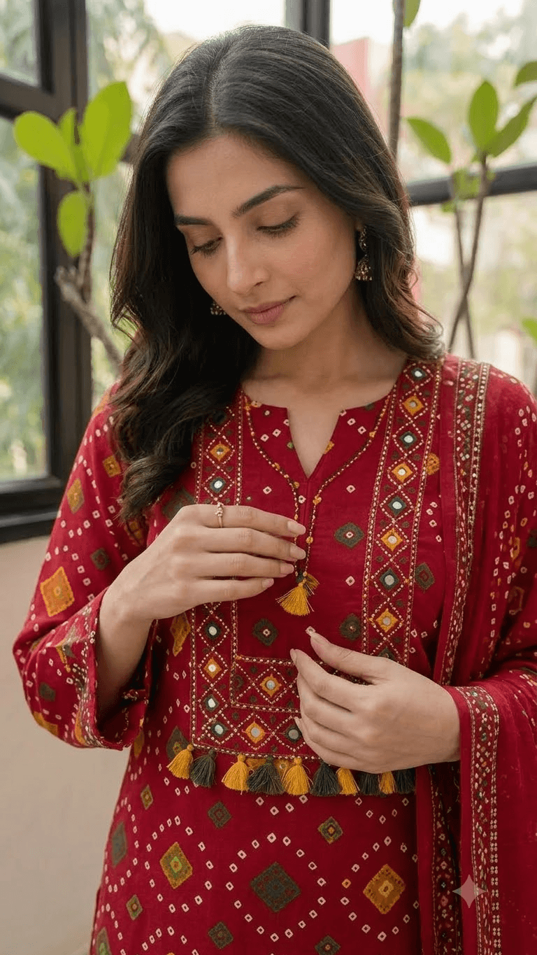 Women Maroon Bandhani Printed Cotton Patiala Suit Set with Dupatta