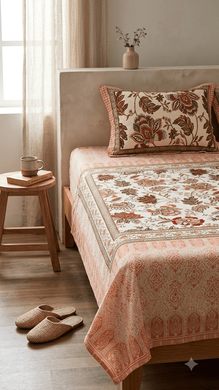 Terracotta and Peach Floral Block-Print Style Cotton Double Bedsheet with Pillow Covers