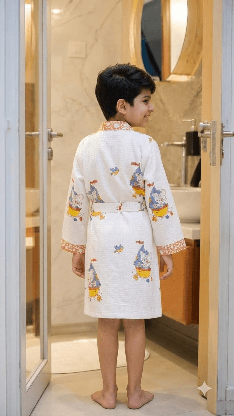 Kids Off-White & Terracotta Sailor Elephant Printed 100% Cotton Waffle Bathrobe