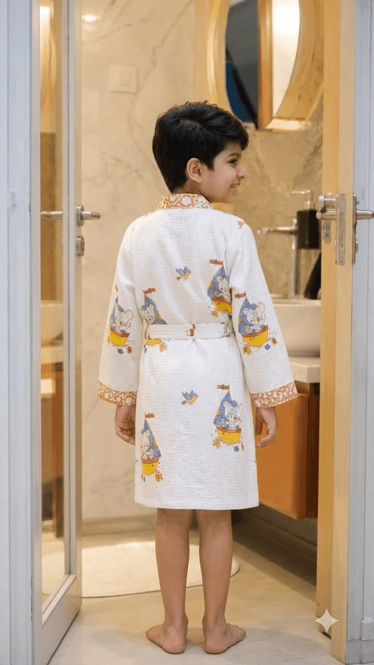 Kids Off-White & Terracotta Sailor Elephant Printed 100% Cotton Waffle Bathrobe