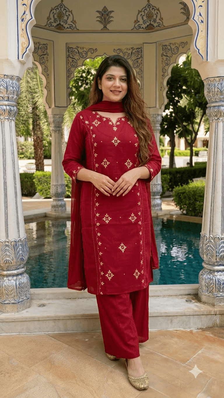 Maroon Embroidered Cotton Kurta with Sharara and Dupatta Set