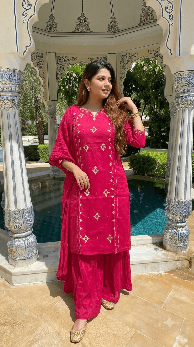 Maroon Embroidered Cotton Kurta with Sharara and Dupatta Set