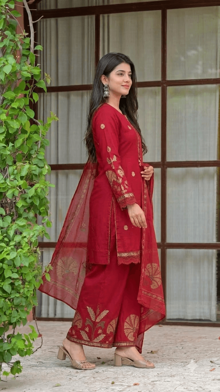 Red Embroidered Cotton Kurta with Palazzo and Dupatta Set