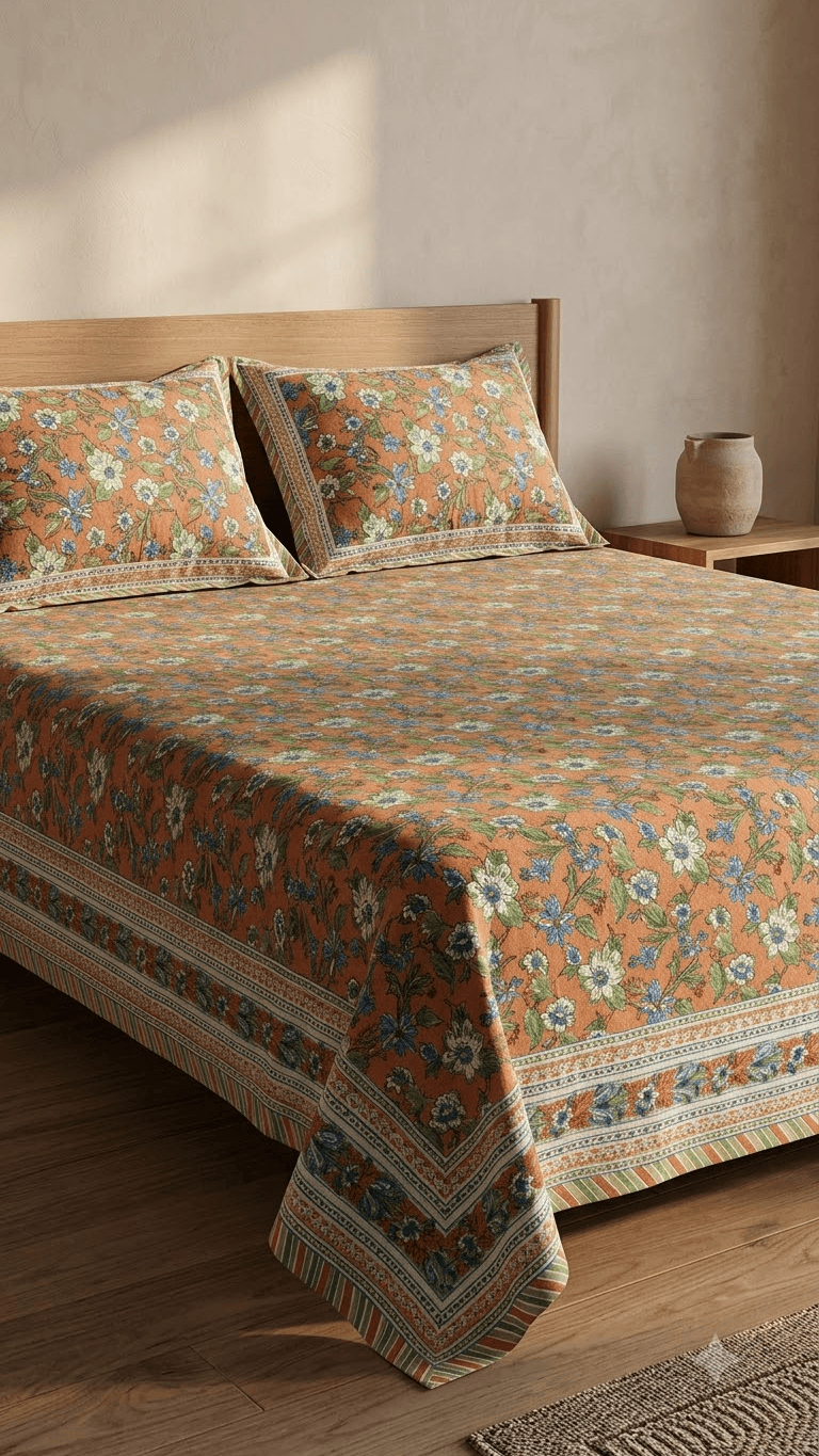 Mustard and Blue Floral Block-Print Style Cotton Double Bedsheet with Pillow Covers