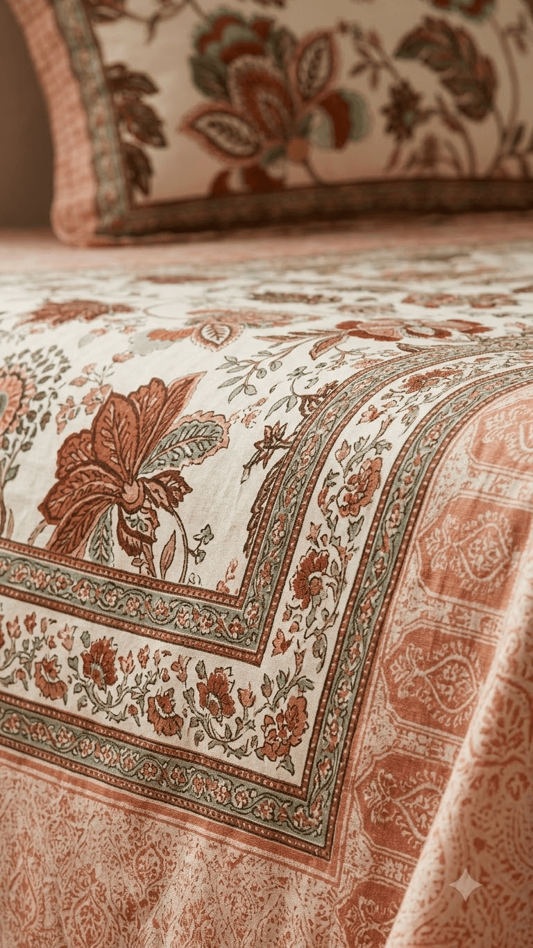 Terracotta and Peach Floral Block-Print Style Cotton Double Bedsheet with Pillow Covers
