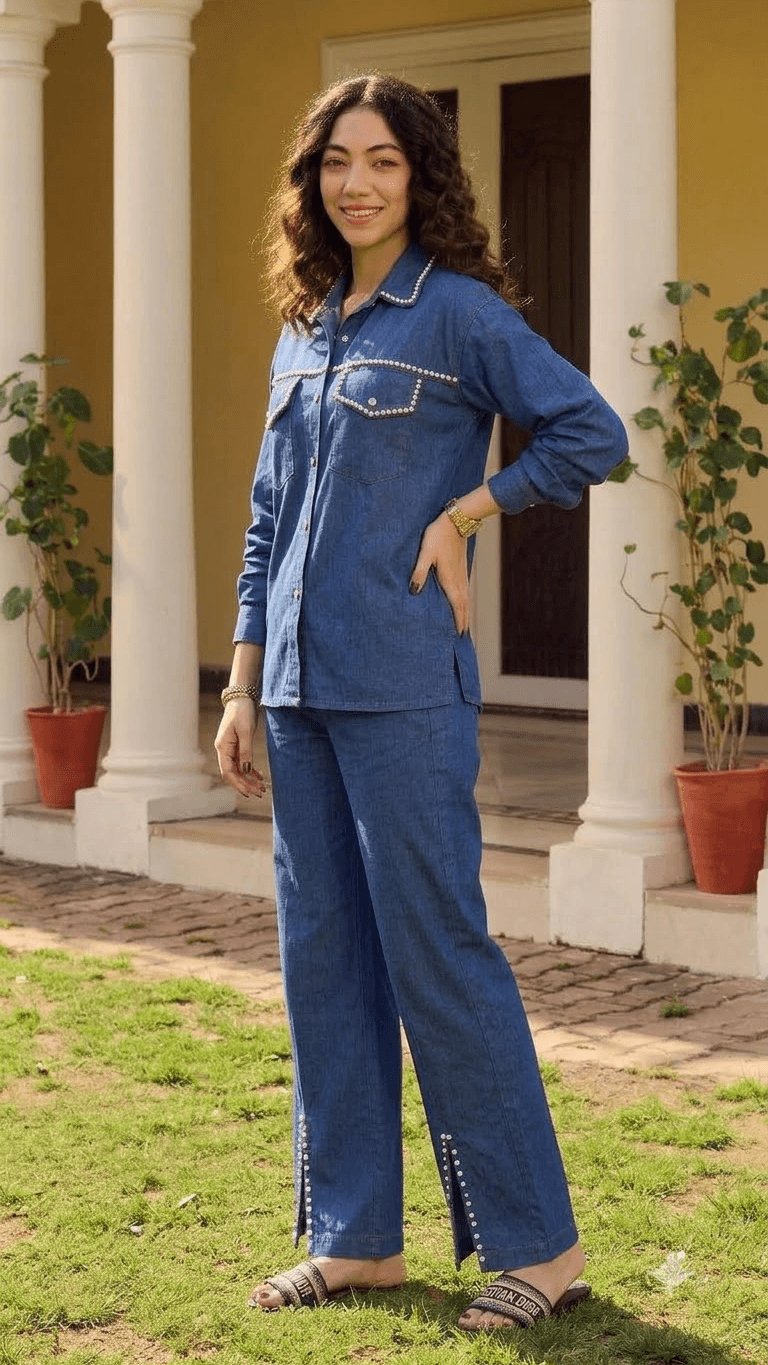 Blue Pearl-Embellished Denim Shirt with Wide-Leg Trouser Set - satrangihouse
