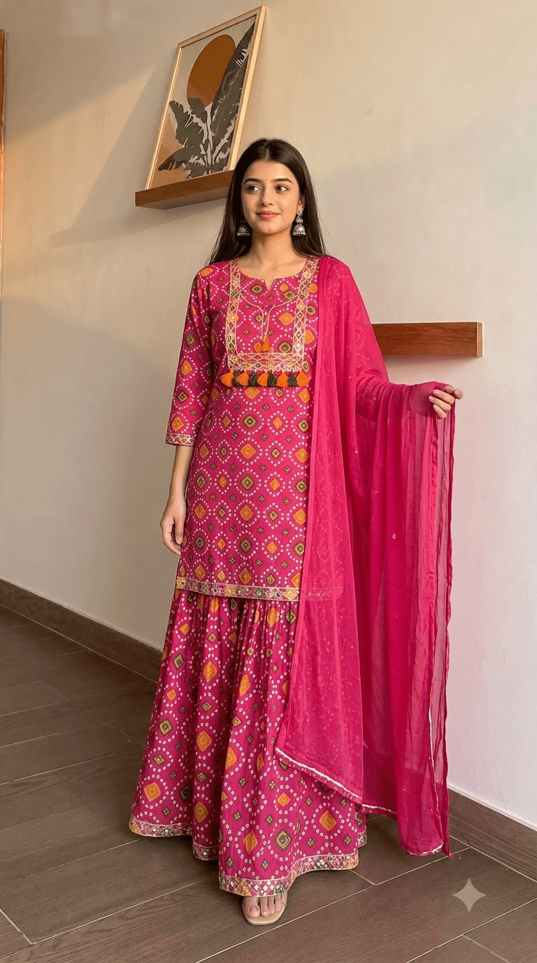 Rani Pink Bandhani-Print Cotton Kurta with Sharara and Dupatta Set