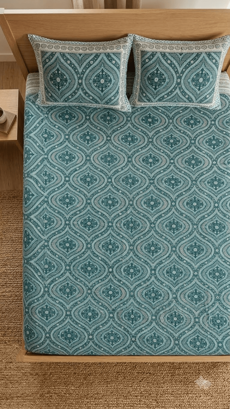 Teal and Sage Green Block-Print Style Cotton Double Bedsheet with Pillow Covers