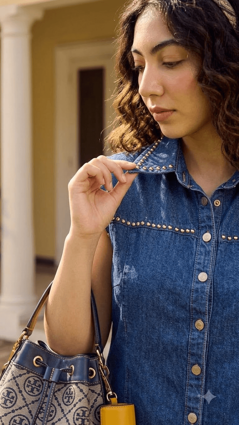 Blue Pearl-Studded Denim Sleeveless Shirt with Wide-Leg Trouser Set