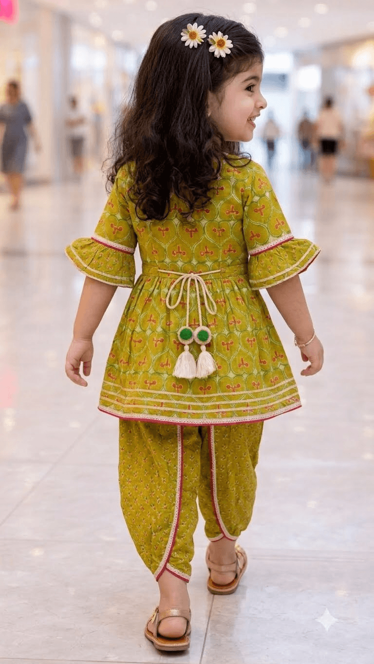 Girls Olive Green Printed Cotton Kurta with Dhoti Pant Set & Embroidered Yoke