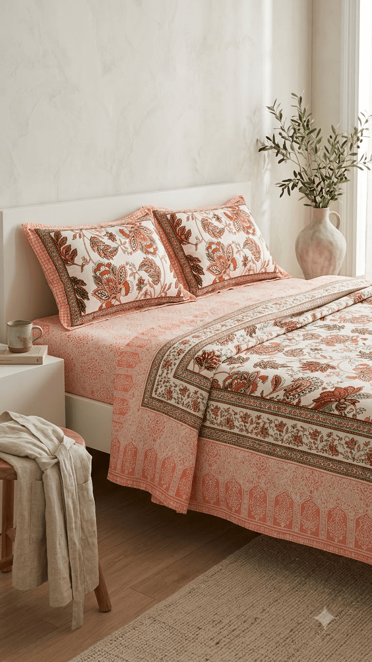 Terracotta and Peach Floral Block-Print Style Cotton Double Bedsheet with Pillow Covers