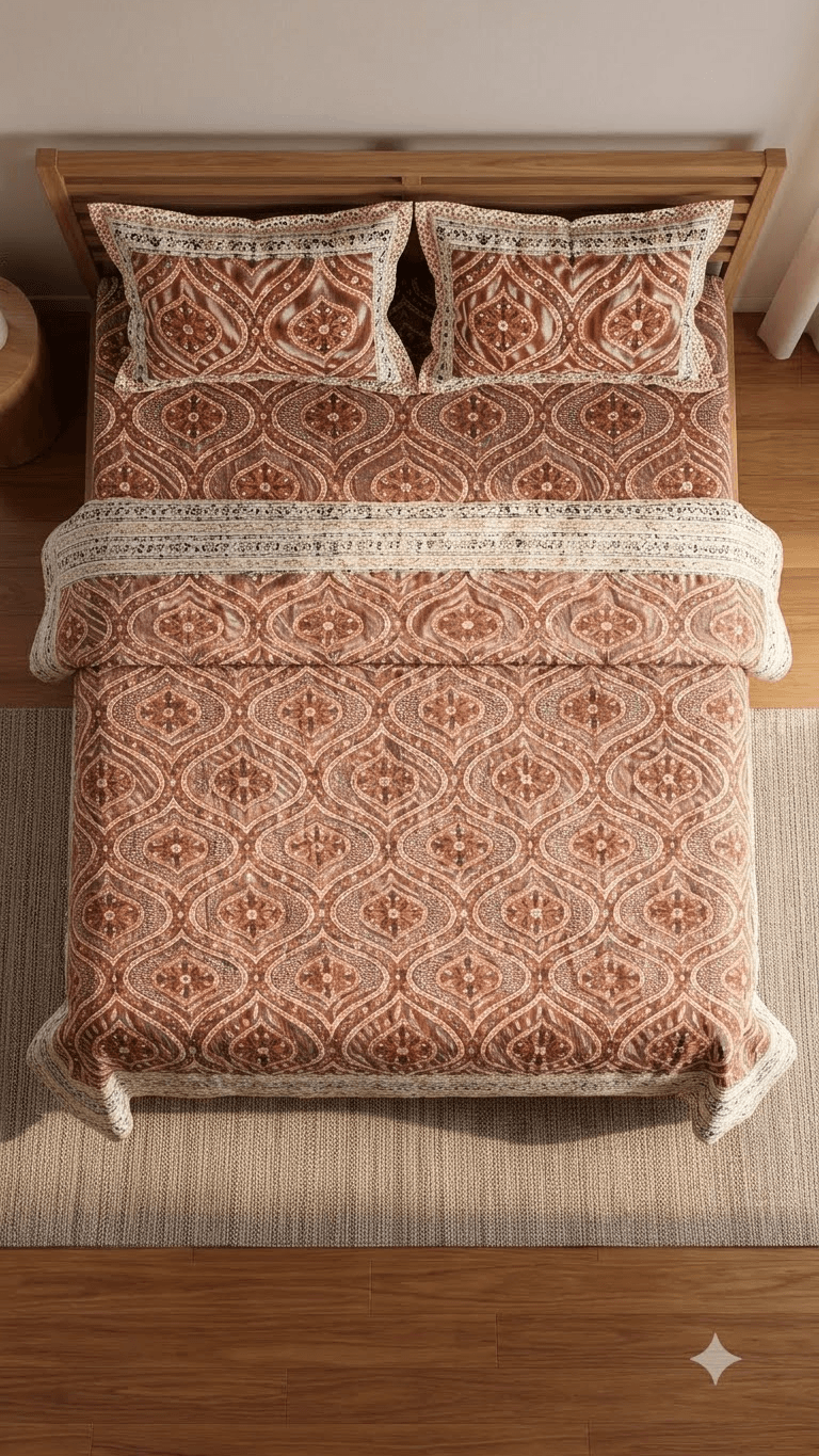 Rust Orange and Terracotta Block-Print Style Cotton Double Bedsheet with Pillow Covers