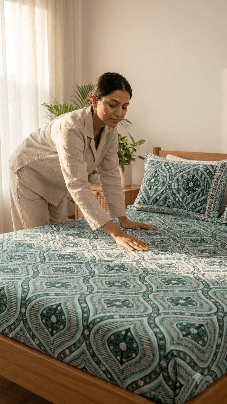 Teal and Sage Green Block-Print Style Cotton Double Bedsheet with Pillow Covers