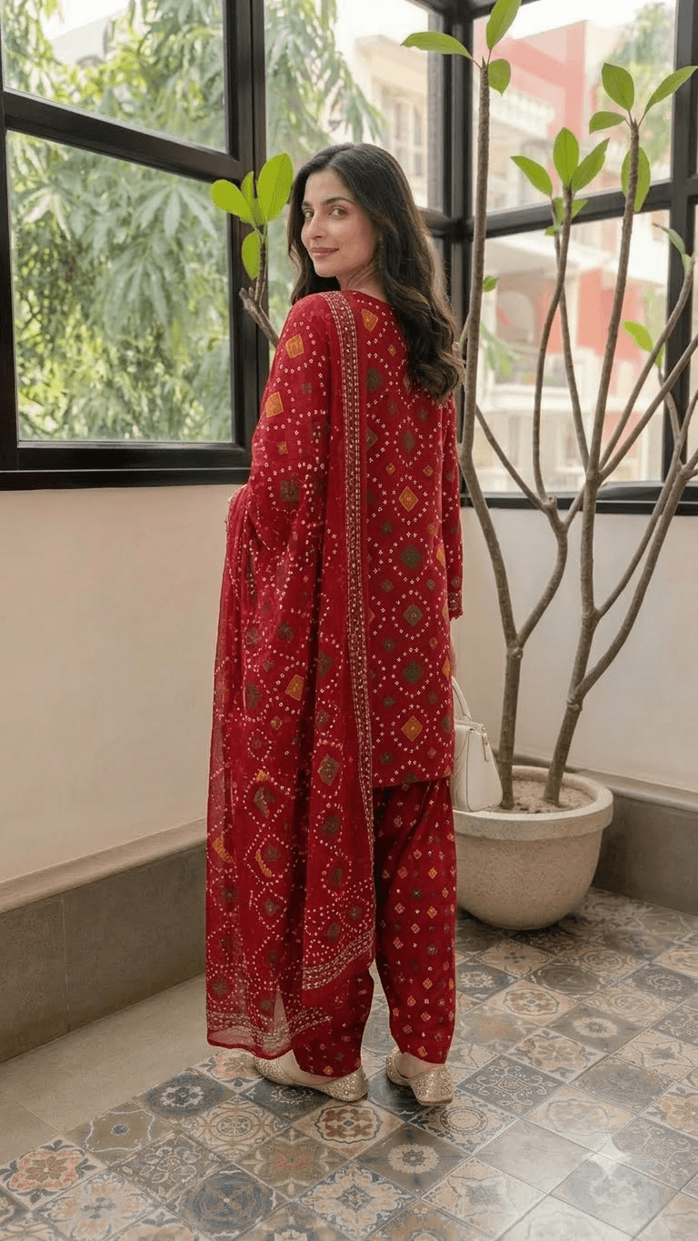 Women Maroon Bandhani Printed Cotton Patiala Suit Set with Dupatta