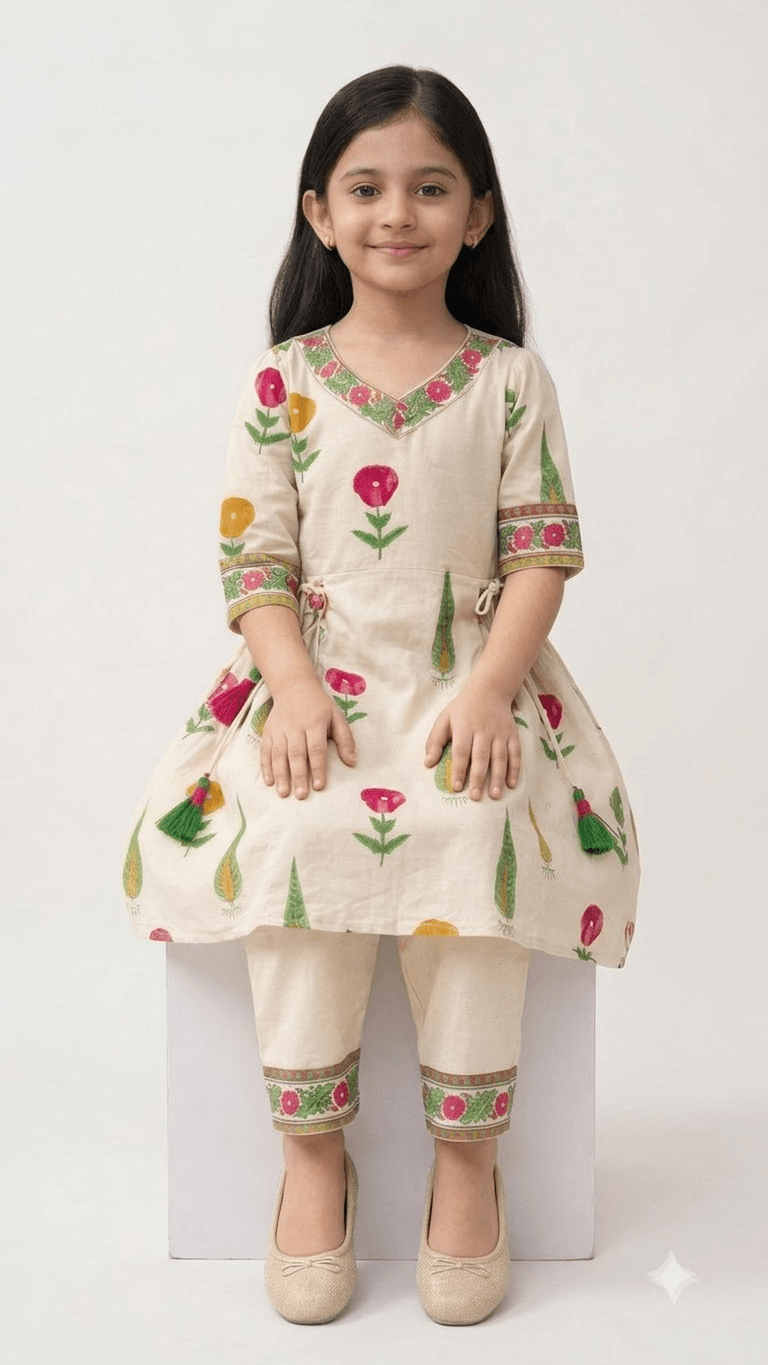Girls Off-White & Pink Hand Block Printed Cotton Angrakha Kurta with Pant Set